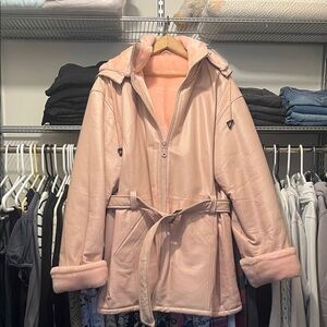 Pink Women's Leather Jacket with Belt